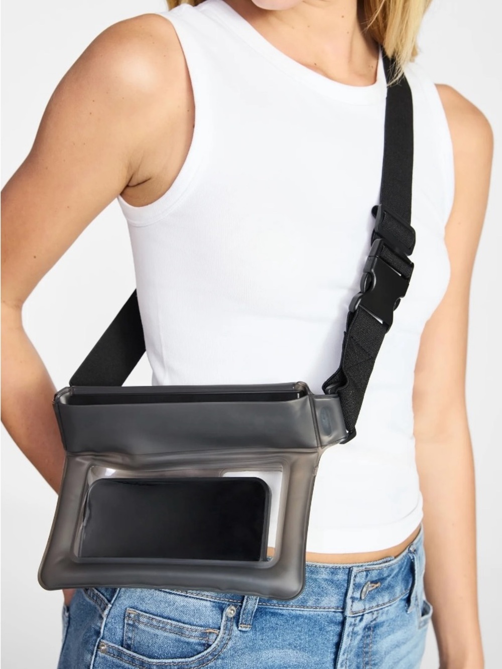 NWT Water resistant Phone Belt Fanny Bag - Clear Front, Black Trim
